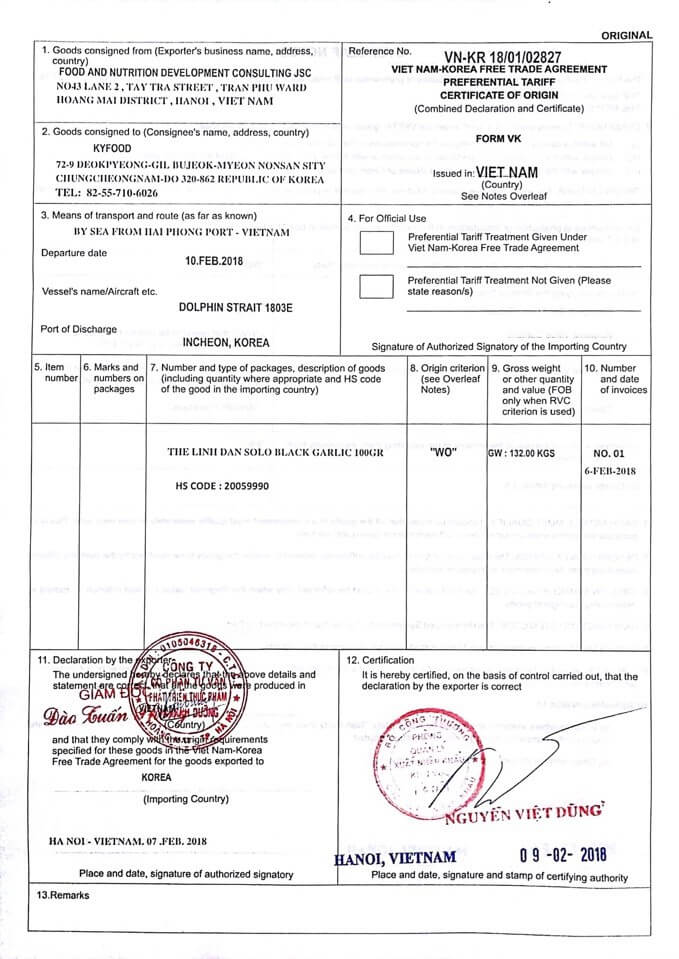 Quy chế cấp C/O Form VK (hưởng thuế VKFTA)